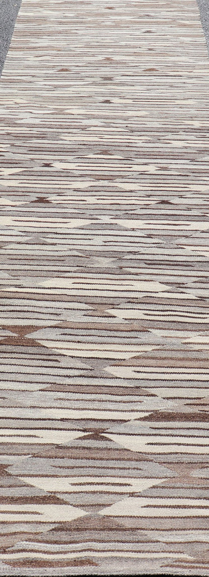 Long Fine Kilim runner in Charcoal, Gray and Brown in Modern Geometric Design. Neutrals, Charcoal, Gray and Brown Diamond Modern Geometric Design Long Kilim Runner. Long Modern flat - woven Kilim runner in Neutrals, charcoal, gray, and brown layered d... - Keivan Woven ArtsAFG - 24654 - 13944Rug
