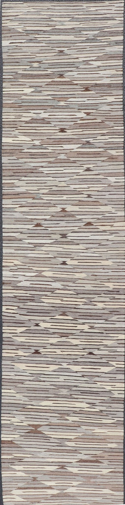 Long Fine Kilim runner in Charcoal, Gray and Brown in Modern Geometric Design. Neutrals, Charcoal, Gray and Brown Diamond Modern Geometric Design Long Kilim Runner. Long Modern flat - woven Kilim runner in Neutrals, charcoal, gray, and brown layered d... - Keivan Woven ArtsAFG - 24654 - 13944Rug