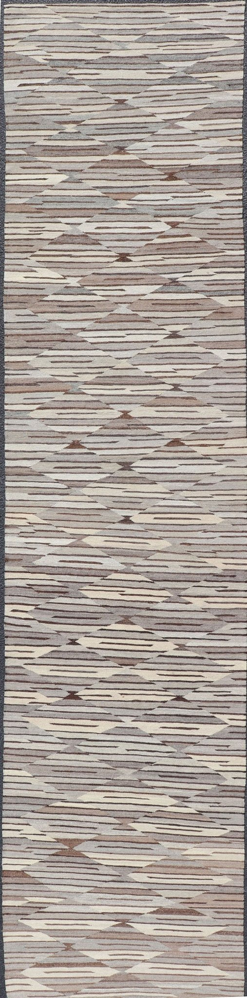 Long Fine Kilim runner in Charcoal, Gray and Brown in Modern Geometric Design. Neutrals, Charcoal, Gray and Brown Diamond Modern Geometric Design Long Kilim Runner. Long Modern flat - woven Kilim runner in Neutrals, charcoal, gray, and brown layered d... - Keivan Woven ArtsAFG - 24654 - 13944Rug