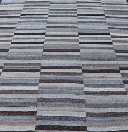 Modern Flat - Weave Kilim Rug in Multi - Panel Striped Design in Earthy Tones Modern flat - weave Kilim rug with stripes in shades of light ocean blue, charcoal, gray and cream. Keivan Woven Arts / rug AFG - 24713, country of origin / type: Afghanistan / Ki... - Keivan Woven ArtsAFG - 24713 - 13952Rug