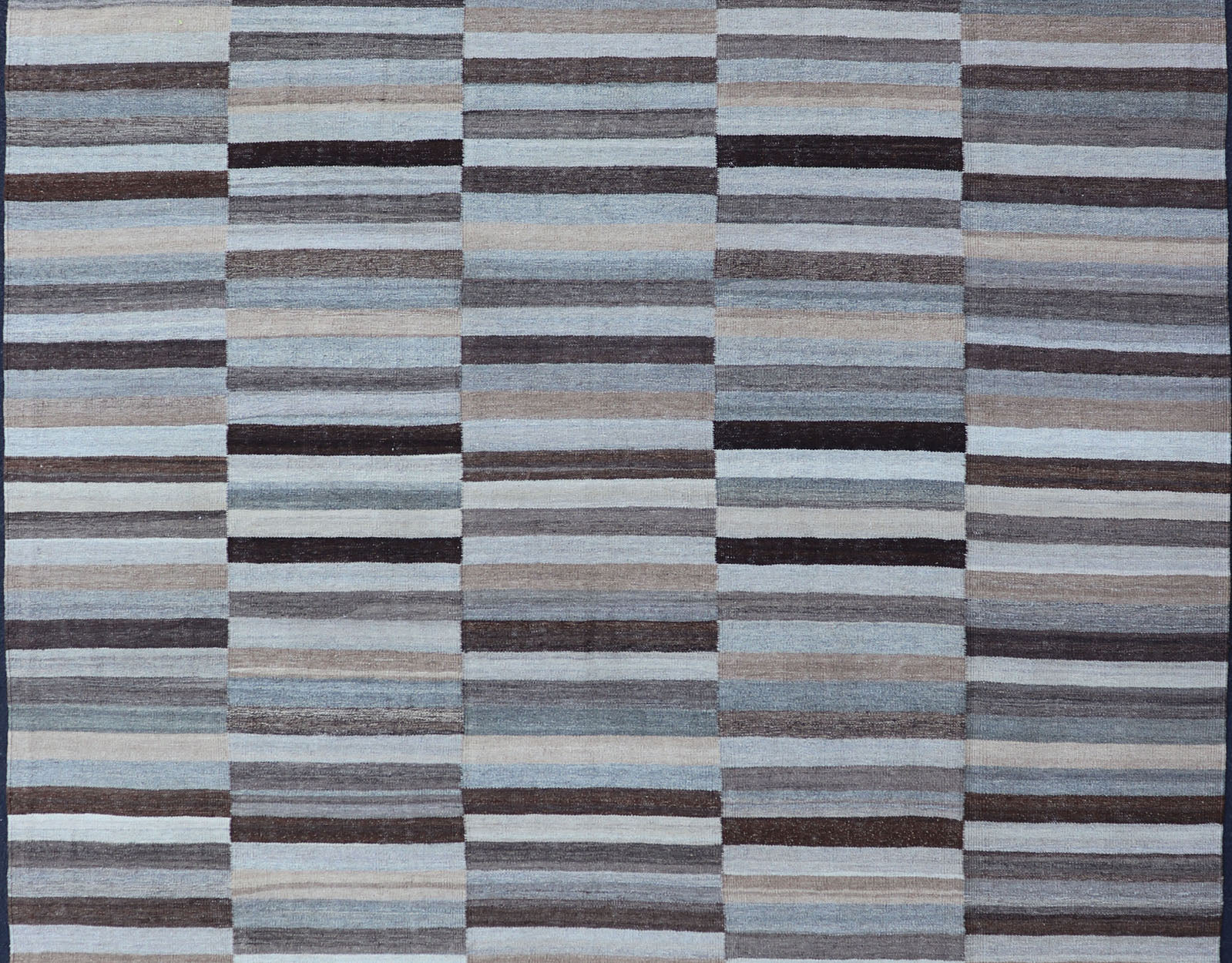 Modern Flat - Weave Kilim Rug in Multi - Panel Striped Design in Earthy Tones Modern flat - weave Kilim rug with stripes in shades of light ocean blue, charcoal, gray and cream. Keivan Woven Arts / rug AFG - 24713, country of origin / type: Afghanistan / Ki... - Keivan Woven ArtsAFG - 24713 - 13952Rug