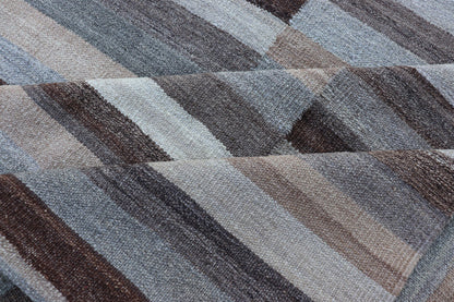 Modern Flat - Weave Kilim Rug in Multi - Panel Striped Design in Earthy Tones Modern flat - weave Kilim rug with stripes in shades of light ocean blue, charcoal, gray and cream. Keivan Woven Arts / rug AFG - 24713, country of origin / type: Afghanistan / Ki... - Keivan Woven ArtsAFG - 24713 - 13952Rug