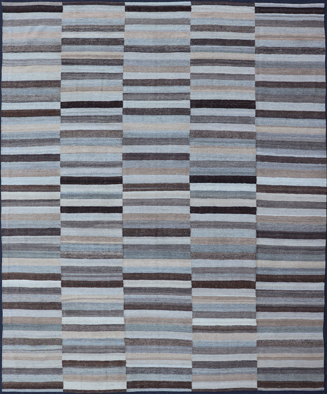 Modern Flat - Weave Kilim Rug in Multi - Panel Striped Design in Earthy Tones Modern flat - weave Kilim rug with stripes in shades of light ocean blue, charcoal, gray and cream. Keivan Woven Arts / rug AFG - 24713, country of origin / type: Afghanistan / Ki... - Keivan Woven ArtsAFG - 24713 - 13952Rug