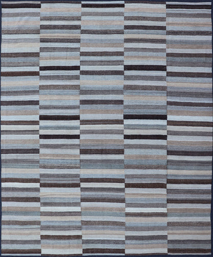 Modern Flat - Weave Kilim Rug in Multi - Panel Striped Design in Earthy Tones Modern flat - weave Kilim rug with stripes in shades of light ocean blue, charcoal, gray and cream. Keivan Woven Arts / rug AFG - 24713, country of origin / type: Afghanistan / Ki... - Keivan Woven ArtsAFG - 24713 - 13952Rug