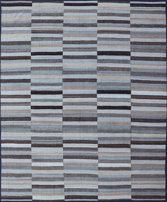 Modern Flat - Weave Kilim Rug in Multi - Panel Striped Design in Earthy Tones Modern flat - weave Kilim rug with stripes in shades of light ocean blue, charcoal, gray and cream. Keivan Woven Arts / rug AFG - 24713, country of origin / type: Afghanistan / Ki... - Keivan Woven ArtsAFG - 24713 - 13952Rug