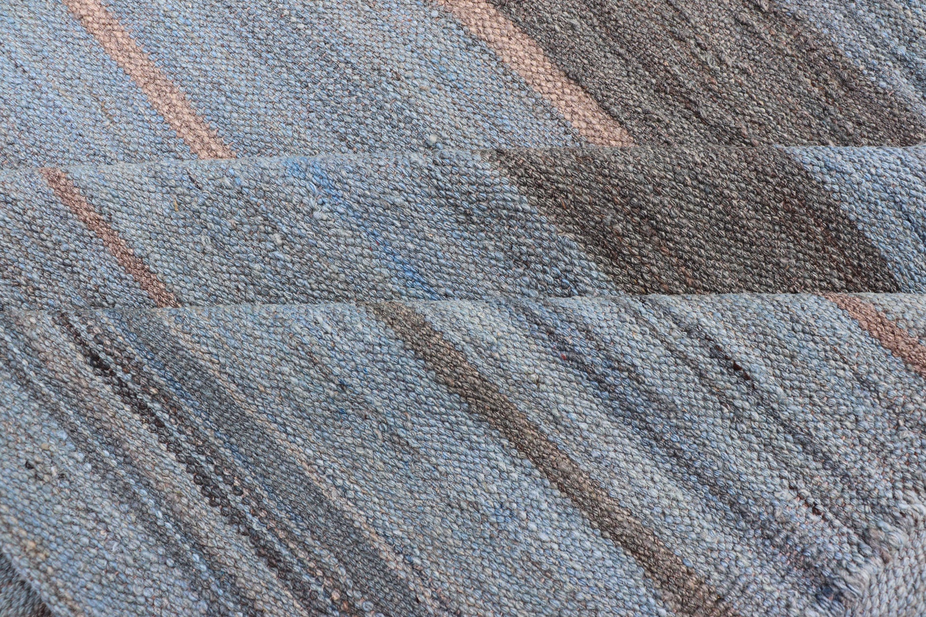 Brown, light Blue and Grey Modern Striped Kilim Made in Afghanistan Versatile and muted color - tone flat - weave Kilim for a Modern or Classic design. rug AFG - 25101, country of origin / type: Afghanistan / Kilim This unique colored piece fea... - Keivan Woven ArtsAFG - 25101 - 13958Rug
