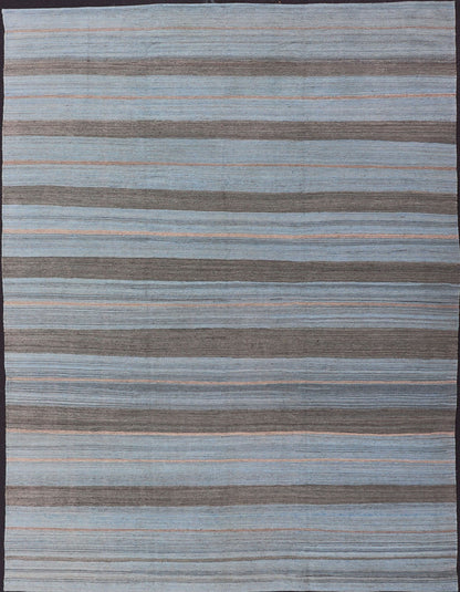 Brown, light Blue and Grey Modern Striped Kilim Made in Afghanistan Versatile and muted color - tone flat - weave Kilim for a Modern or Classic design. rug AFG - 25101, country of origin / type: Afghanistan / Kilim This unique colored piece fea... - Keivan Woven ArtsAFG - 25101 - 13958Rug