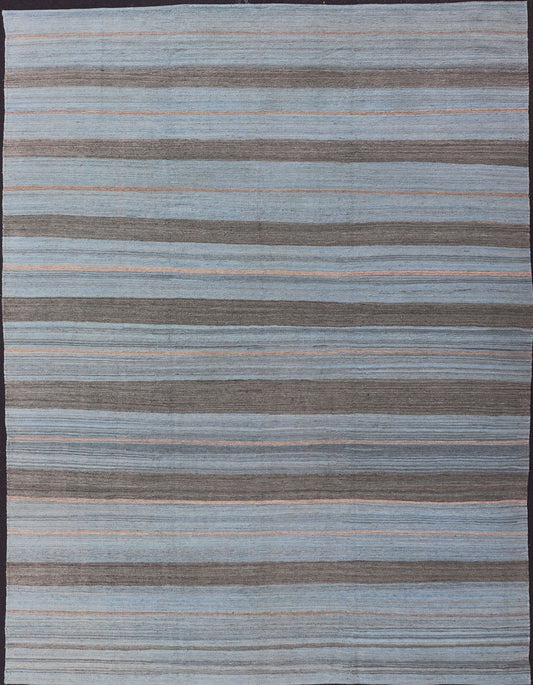 Brown, light Blue and Grey Modern Striped Kilim Made in Afghanistan Versatile and muted color - tone flat - weave Kilim for a Modern or Classic design. rug AFG - 25101, country of origin / type: Afghanistan / Kilim This unique colored piece fea... - Keivan Woven ArtsAFG - 25101 - 13958Rug