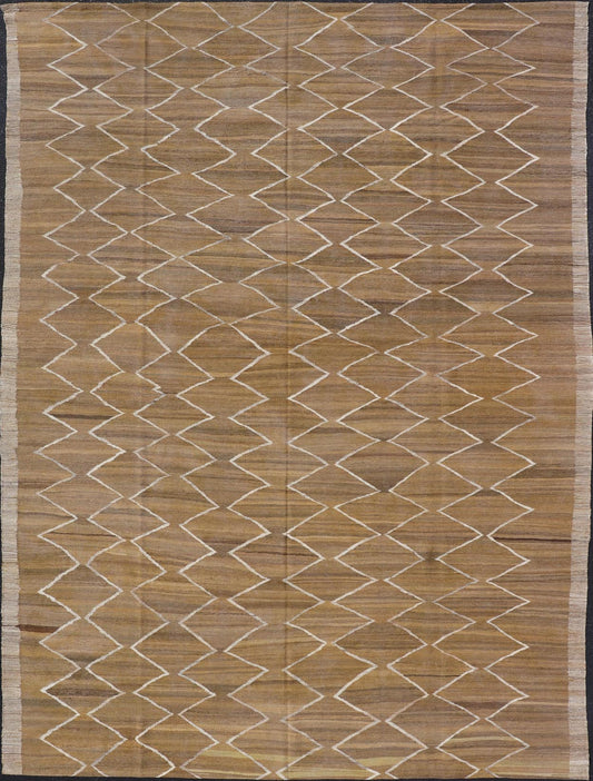 Hand - Woven Flatweave Kilim in Wool with Sub - Geometric Design in Marigold & Ivory This flat - weave kilim has been hand - woven. The rug features a modern diamond design, rendered in marigold, ivory and brown tones; making this rug a superb fit for a... - Keivan Woven ArtsAFG - 27588 - 19700Rug