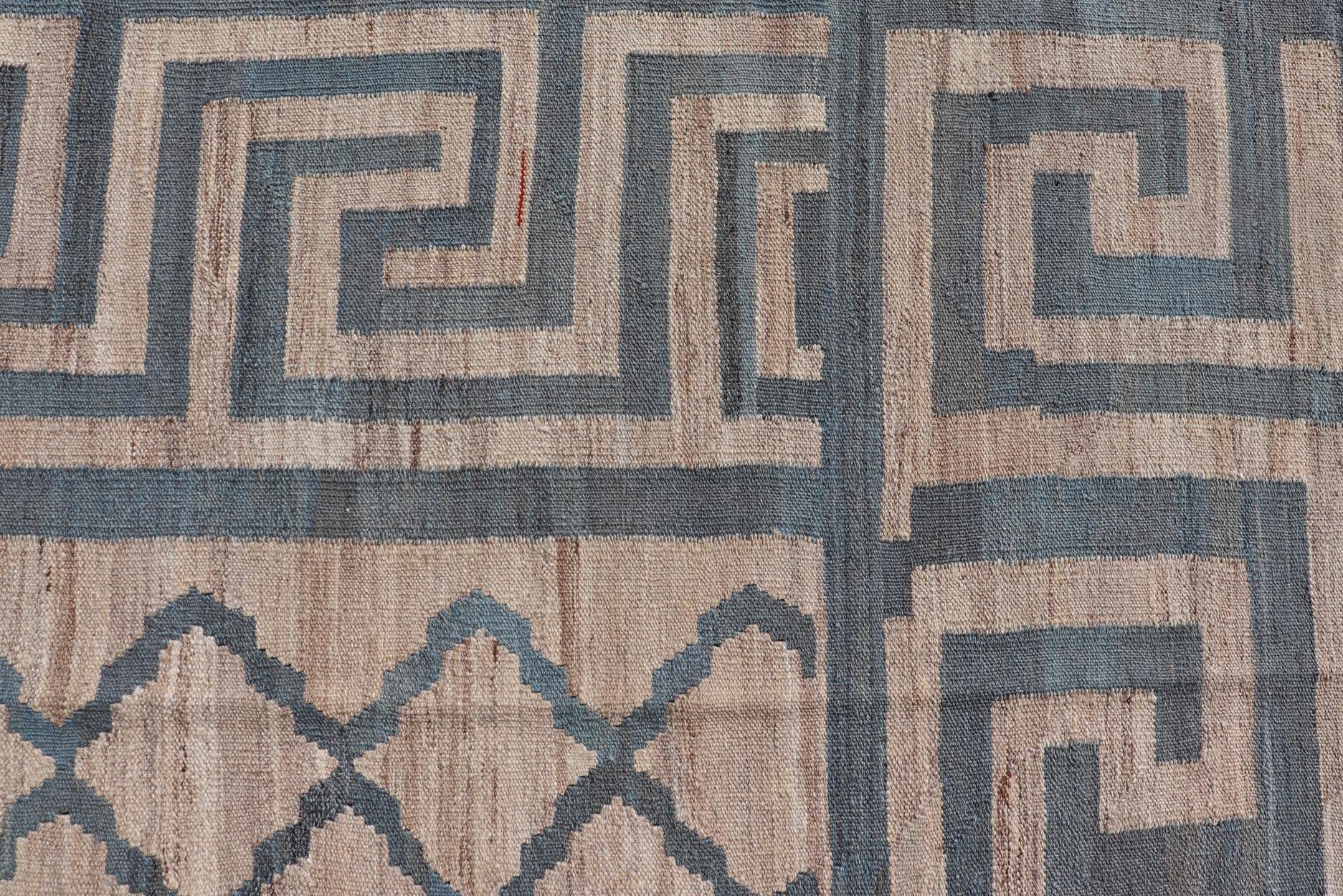 Hand - Woven Flatweave Kilim in Wool with Geometric Diamond & Greek Key Design This flat - weave kilim has been hand - woven. The rug features a modern diamond design, enclosed within a Greek key border. The rug is rendered in blue, gray and earthy t... - Keivan Woven ArtsAFG - 27600 - 19706Rug