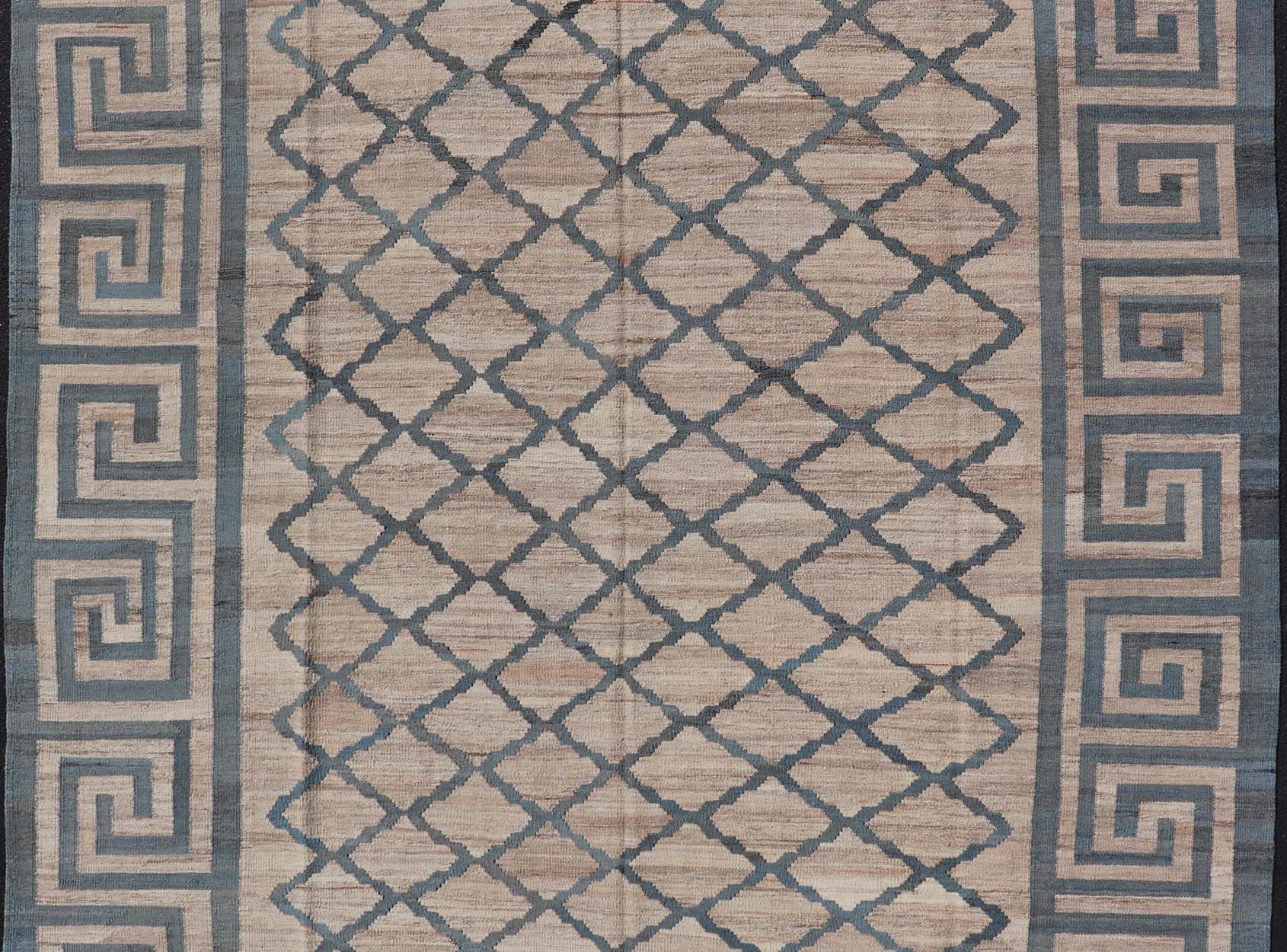 Hand - Woven Flatweave Kilim in Wool with Geometric Diamond & Greek Key Design This flat - weave kilim has been hand - woven. The rug features a modern diamond design, enclosed within a Greek key border. The rug is rendered in blue, gray and earthy t... - Keivan Woven ArtsAFG - 27600 - 19706Rug
