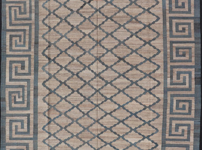 Hand - Woven Flatweave Kilim in Wool with Geometric Diamond & Greek Key Design This flat - weave kilim has been hand - woven. The rug features a modern diamond design, enclosed within a Greek key border. The rug is rendered in blue, gray and earthy t... - Keivan Woven ArtsAFG - 27600 - 19706Rug