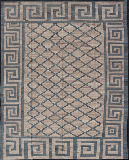 Hand - Woven Flatweave Kilim in Wool with Geometric Diamond & Greek Key Design This flat - weave kilim has been hand - woven. The rug features a modern diamond design, enclosed within a Greek key border. The rug is rendered in blue, gray and earthy t... - Keivan Woven ArtsAFG - 27600 - 19706Rug