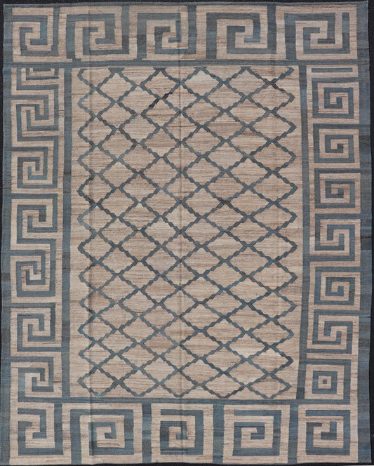 Hand - Woven Flatweave Kilim in Wool with Geometric Diamond & Greek Key Design This flat - weave kilim has been hand - woven. The rug features a modern diamond design, enclosed within a Greek key border. The rug is rendered in blue, gray and earthy t... - Keivan Woven ArtsAFG - 27600 - 19706Rug