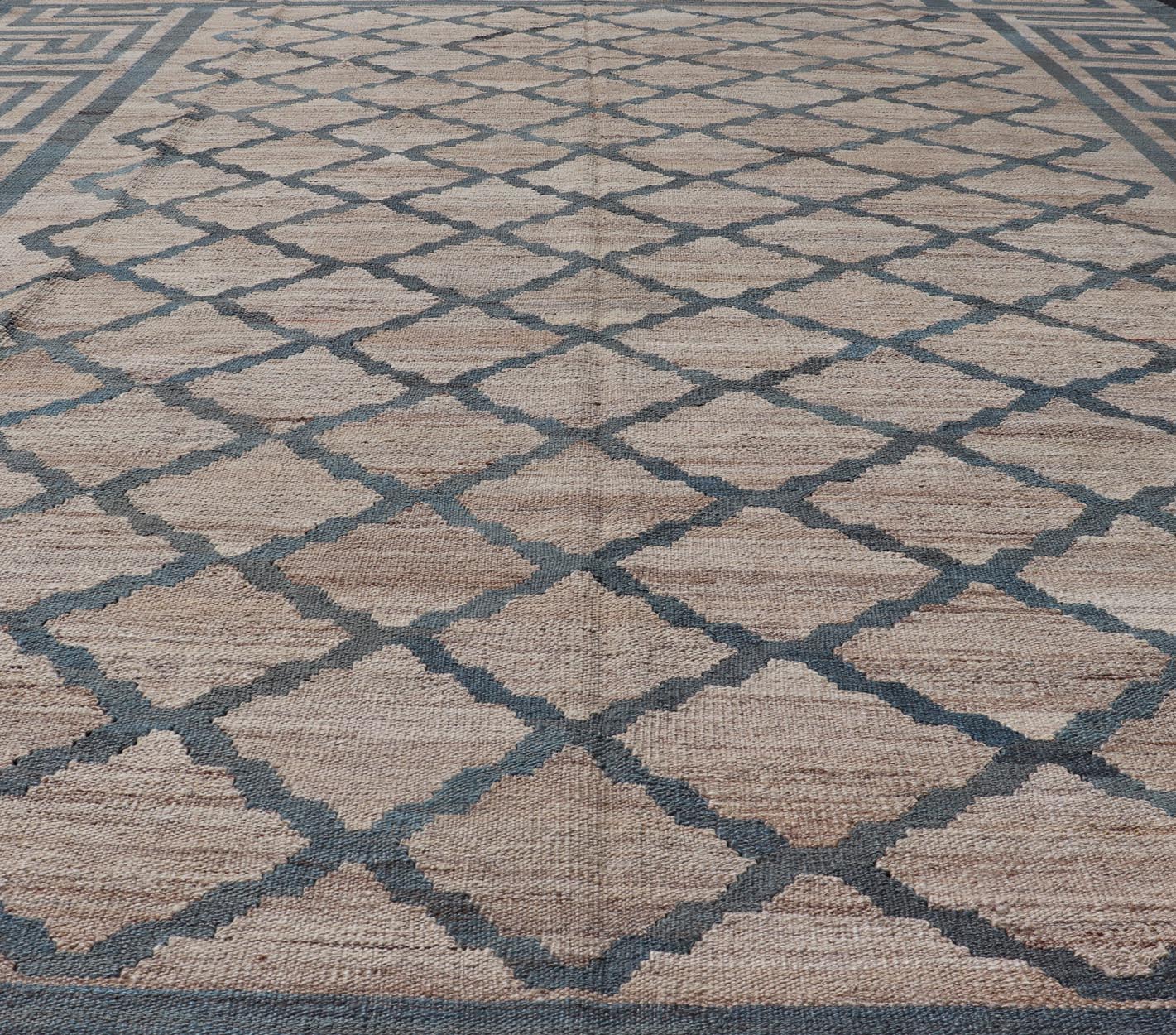 Hand - Woven Flatweave Kilim in Wool with Geometric Diamond & Greek Key Design This flat - weave kilim has been hand - woven. The rug features a modern diamond design, enclosed within a Greek key border. The rug is rendered in blue, gray and earthy t... - Keivan Woven ArtsAFG - 27600 - 19706Rug