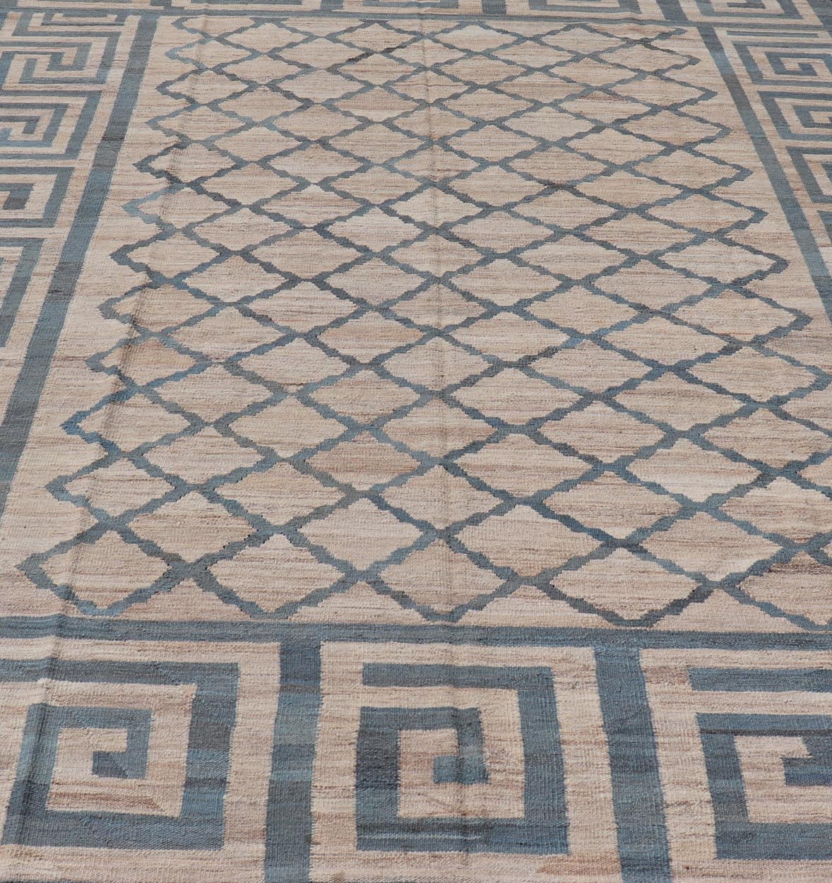Hand - Woven Flatweave Kilim in Wool with Geometric Diamond & Greek Key Design This flat - weave kilim has been hand - woven. The rug features a modern diamond design, enclosed within a Greek key border. The rug is rendered in blue, gray and earthy t... - Keivan Woven ArtsAFG - 27600 - 19706Rug