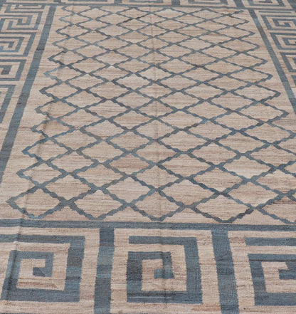 Hand - Woven Flatweave Kilim in Wool with Geometric Diamond & Greek Key Design This flat - weave kilim has been hand - woven. The rug features a modern diamond design, enclosed within a Greek key border. The rug is rendered in blue, gray and earthy t... - Keivan Woven ArtsAFG - 27600 - 19706Rug
