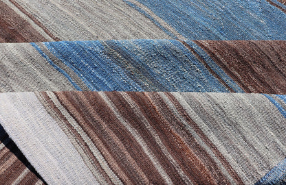 Modern Kilim Rug with Stripes in Shades of Blue, Brown, Light Gray and Cream Flat - weave Kilim rug with stripes with modern design in shades of blue, gray, brown and cream, Keivan Woven Arts / rug AFG - 27629, country of origin / type: Afghanistan / K... - Keivan Woven ArtsAFG - 27629 - 13970Rug