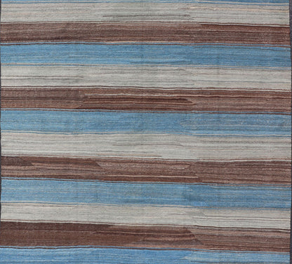 Modern Kilim Rug with Stripes in Shades of Blue, Brown, Light Gray and Cream Flat - weave Kilim rug with stripes with modern design in shades of blue, gray, brown and cream, Keivan Woven Arts / rug AFG - 27629, country of origin / type: Afghanistan / K... - Keivan Woven ArtsAFG - 27629 - 13970Rug