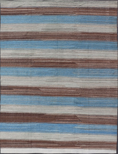 Modern Kilim Rug with Stripes in Shades of Blue, Brown, Light Gray and Cream Flat - weave Kilim rug with stripes with modern design in shades of blue, gray, brown and cream, Keivan Woven Arts / rug AFG - 27629, country of origin / type: Afghanistan / K... - Keivan Woven ArtsAFG - 27629 - 13970Rug