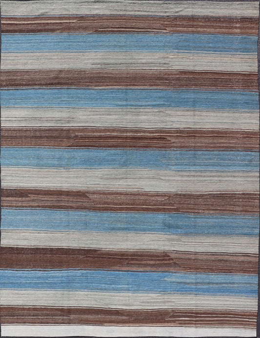 Modern Kilim Rug with Stripes in Shades of Blue, Brown, Light Gray and Cream Flat - weave Kilim rug with stripes with modern design in shades of blue, gray, brown and cream, Keivan Woven Arts / rug AFG - 27629, country of origin / type: Afghanistan / K... - Keivan Woven ArtsAFG - 27629 - 13970Rug