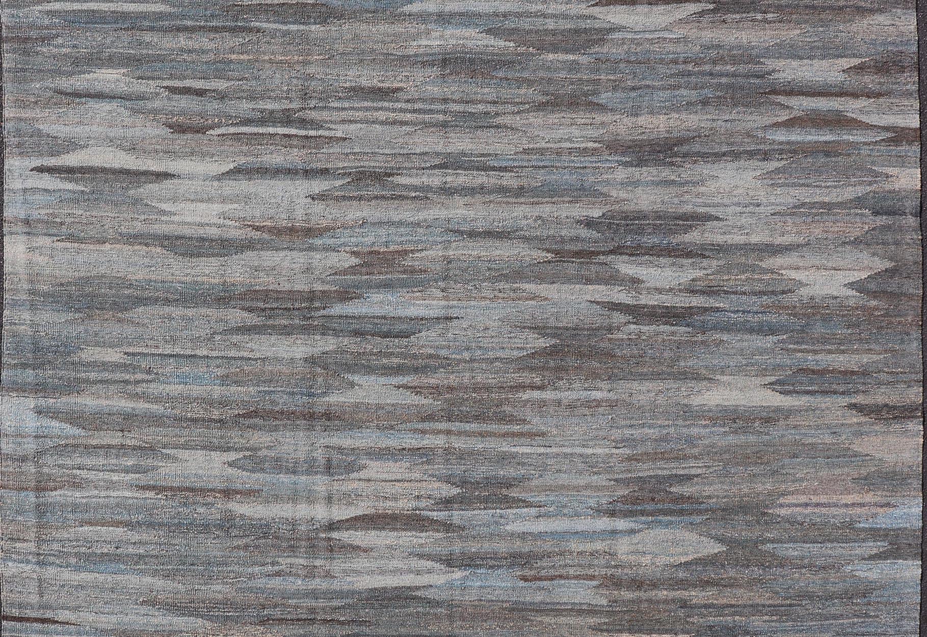 Modern Hand - Woven Flatweave Kilim in Wool with Sub - Geometric Diamond Design This flat - weave tribal kilim has been hand - woven. The rug features a modern solid/diamond design, rendered in grays blues, and earthy tones; making this rug a superb fi... - Keivan Woven ArtsAFG - 27633 - 19718Rug