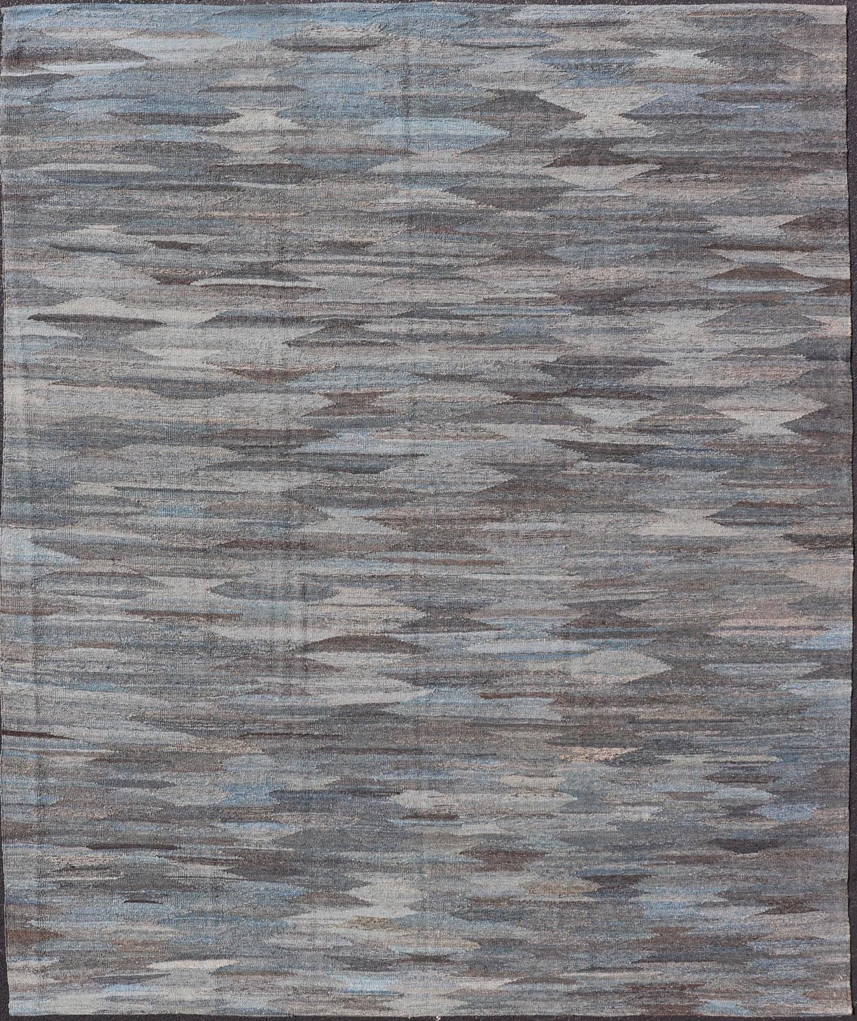 Modern Hand - Woven Flatweave Kilim in Wool with Sub - Geometric Diamond Design This flat - weave tribal kilim has been hand - woven. The rug features a modern solid/diamond design, rendered in grays blues, and earthy tones; making this rug a superb fi... - Keivan Woven ArtsAFG - 27633 - 19718