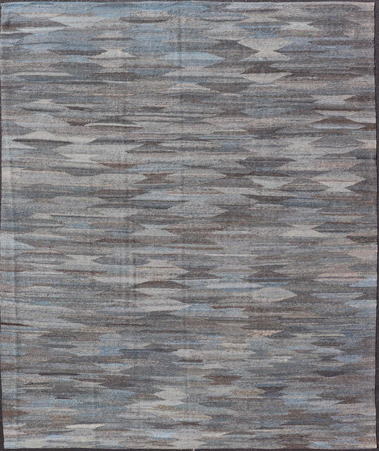 Modern Hand - Woven Flatweave Kilim in Wool with Sub - Geometric Diamond Design This flat - weave tribal kilim has been hand - woven. The rug features a modern solid/diamond design, rendered in grays blues, and earthy tones; making this rug a superb fi... - Keivan Woven ArtsAFG - 27633 - 19718