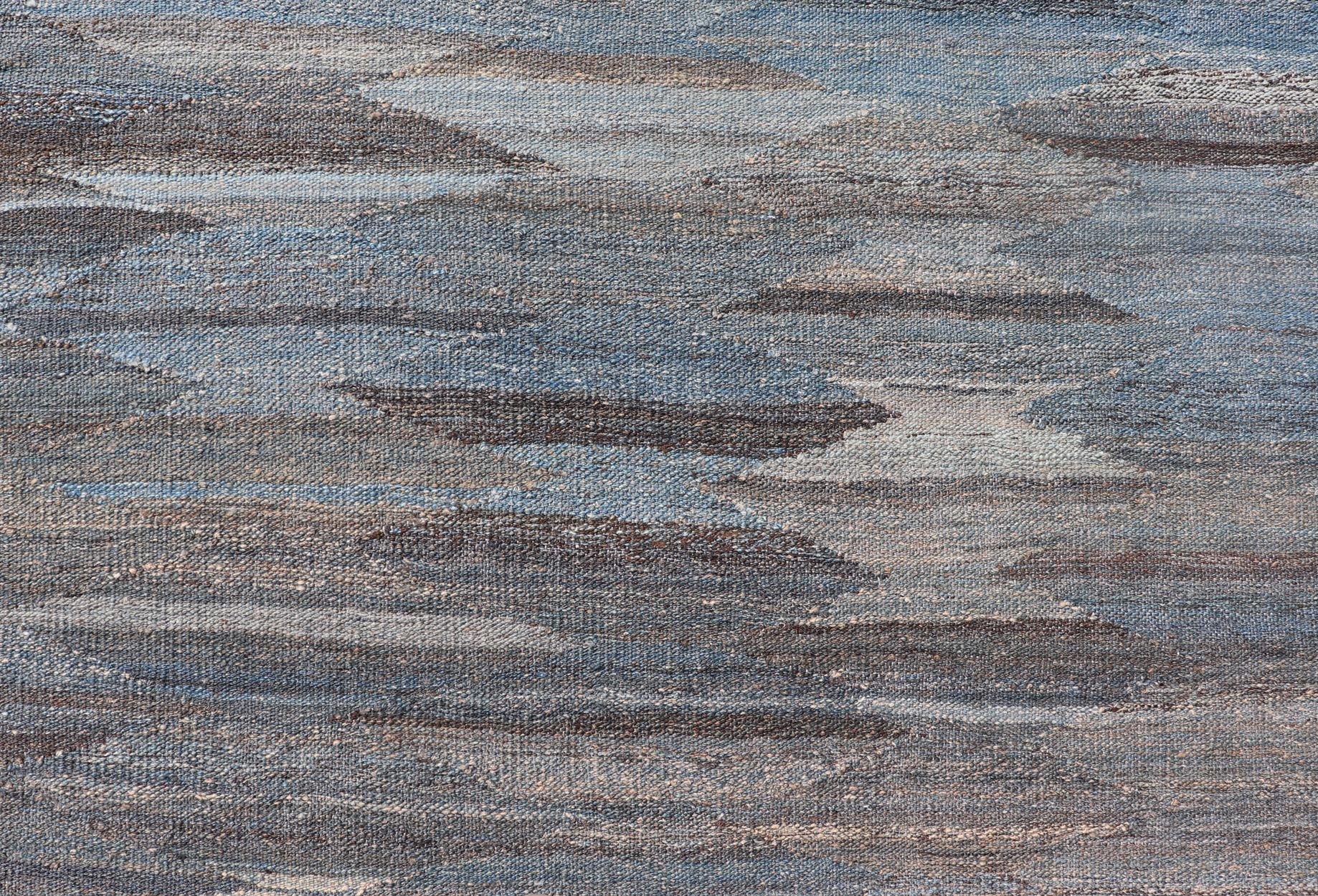 Modern Hand - Woven Flatweave Kilim in Wool with Sub - Geometric Diamond Design This flat - weave tribal kilim has been hand - woven. The rug features a modern solid/diamond design, rendered in grays blues, and earthy tones; making this rug a superb fi... - Keivan Woven ArtsAFG - 27633 - 19718Rug