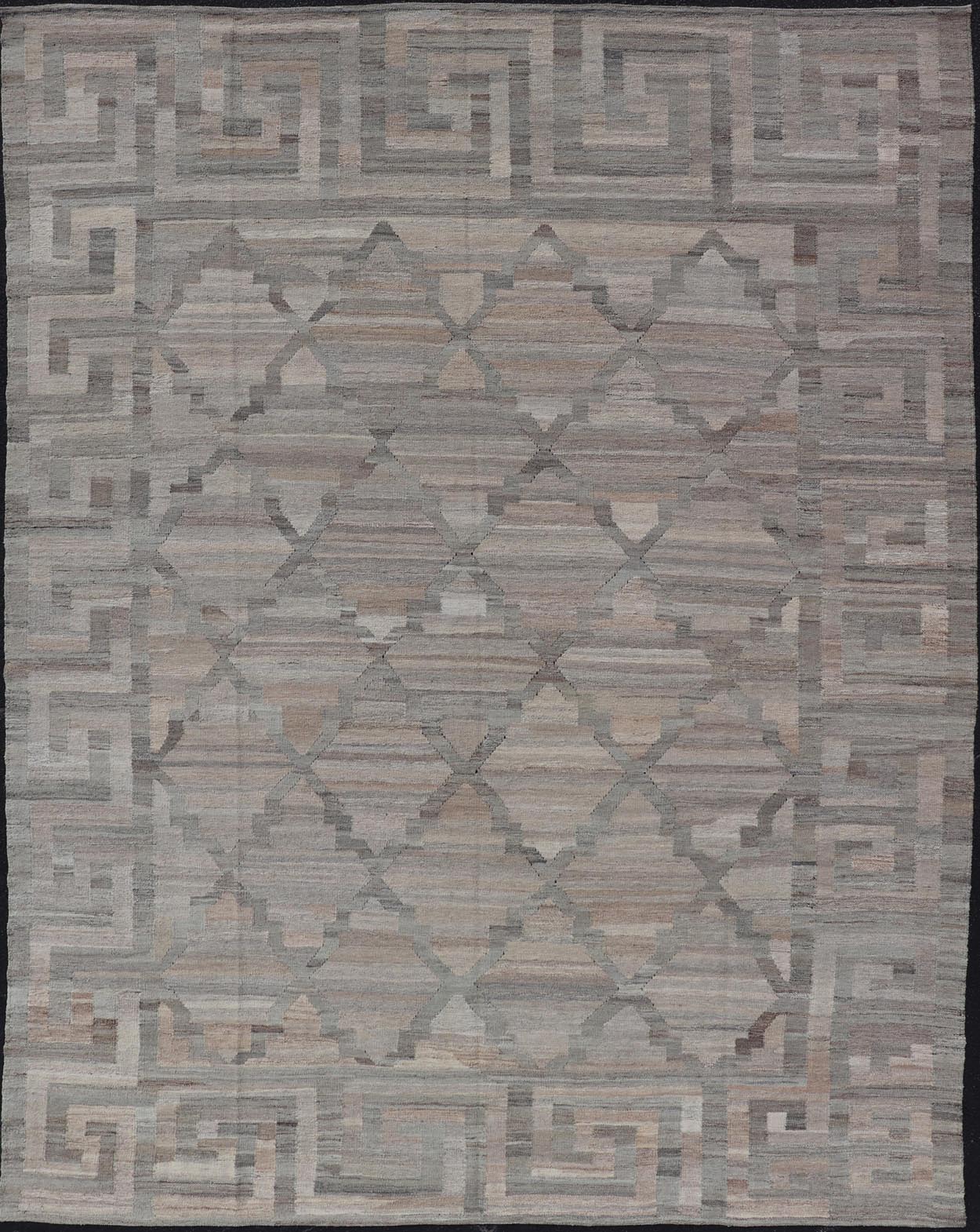 Modern Hand - Woven Kilim with Geometric Design and Greek Key Border in Wool This flat - weave tribal kilim has been hand - woven in wool. The rug features a modern geometric diamond design, enclosed within a Greek - key styled border, rendered in gray... - Keivan Woven ArtsAFG - 27637 - 19814Rug
