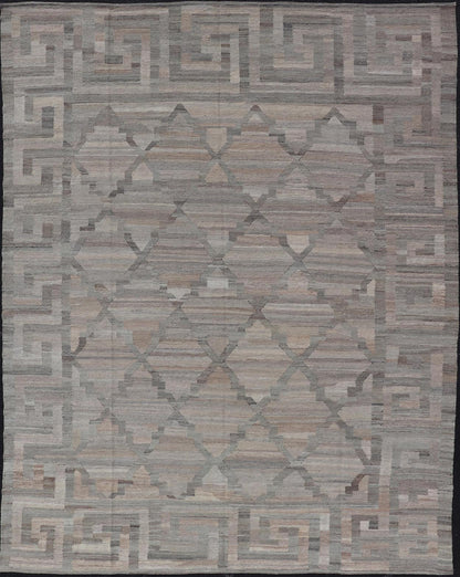 Modern Hand - Woven Kilim with Geometric Design and Greek Key Border in Wool This flat - weave tribal kilim has been hand - woven in wool. The rug features a modern geometric diamond design, enclosed within a Greek - key styled border, rendered in gray... - Keivan Woven ArtsAFG - 27637 - 19814Rug