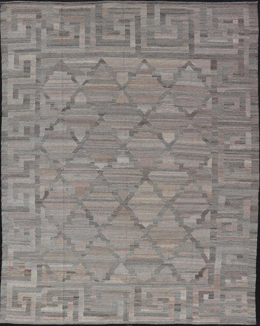 Modern Hand - Woven Kilim with Geometric Design and Greek Key Border in Wool This flat - weave tribal kilim has been hand - woven in wool. The rug features a modern geometric diamond design, enclosed within a Greek - key styled border, rendered in gray... - Keivan Woven ArtsAFG - 27637 - 19814Rug
