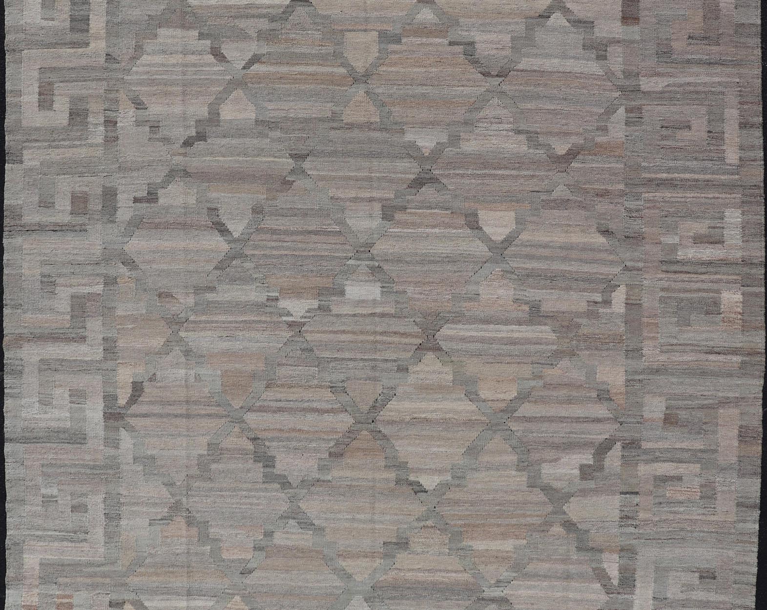 Modern Hand - Woven Kilim with Geometric Design and Greek Key Border in Wool This flat - weave tribal kilim has been hand - woven in wool. The rug features a modern geometric diamond design, enclosed within a Greek - key styled border, rendered in gray... - Keivan Woven ArtsAFG - 27637 - 19814Rug