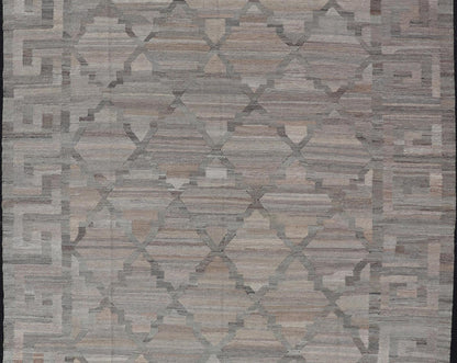 Modern Hand - Woven Kilim with Geometric Design and Greek Key Border in Wool This flat - weave tribal kilim has been hand - woven in wool. The rug features a modern geometric diamond design, enclosed within a Greek - key styled border, rendered in gray... - Keivan Woven ArtsAFG - 27637 - 19814Rug