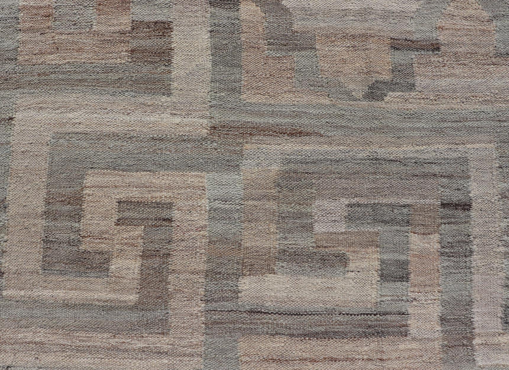 Modern Hand - Woven Kilim with Geometric Design and Greek Key Border in Wool This flat - weave tribal kilim has been hand - woven in wool. The rug features a modern geometric diamond design, enclosed within a Greek - key styled border, rendered in gray... - Keivan Woven ArtsAFG - 27637 - 19814Rug