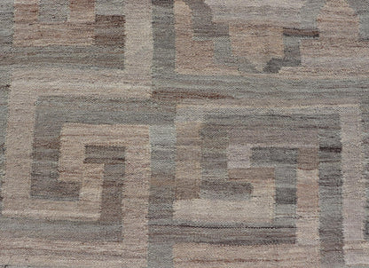 Modern Hand - Woven Kilim with Geometric Design and Greek Key Border in Wool This flat - weave tribal kilim has been hand - woven in wool. The rug features a modern geometric diamond design, enclosed within a Greek - key styled border, rendered in gray... - Keivan Woven ArtsAFG - 27637 - 19814Rug
