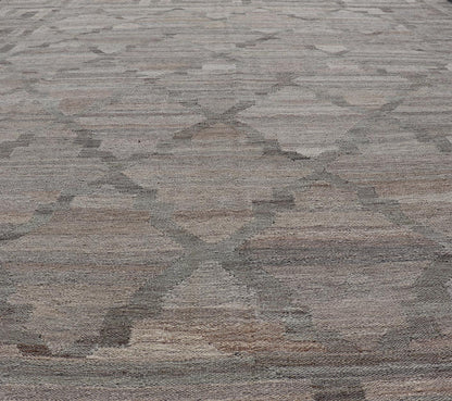 Modern Hand - Woven Kilim with Geometric Design and Greek Key Border in Wool This flat - weave tribal kilim has been hand - woven in wool. The rug features a modern geometric diamond design, enclosed within a Greek - key styled border, rendered in gray... - Keivan Woven ArtsAFG - 27637 - 19814Rug