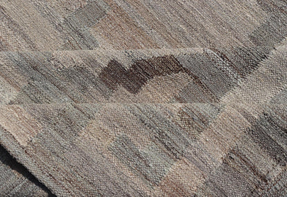 Modern Hand - Woven Kilim with Geometric Design and Greek Key Border in Wool This flat - weave tribal kilim has been hand - woven in wool. The rug features a modern geometric diamond design, enclosed within a Greek - key styled border, rendered in gray... - Keivan Woven ArtsAFG - 27637 - 19814Rug