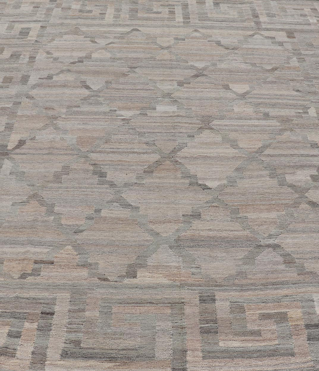 Modern Hand - Woven Kilim with Geometric Design and Greek Key Border in Wool This flat - weave tribal kilim has been hand - woven in wool. The rug features a modern geometric diamond design, enclosed within a Greek - key styled border, rendered in gray... - Keivan Woven ArtsAFG - 27637 - 19814Rug