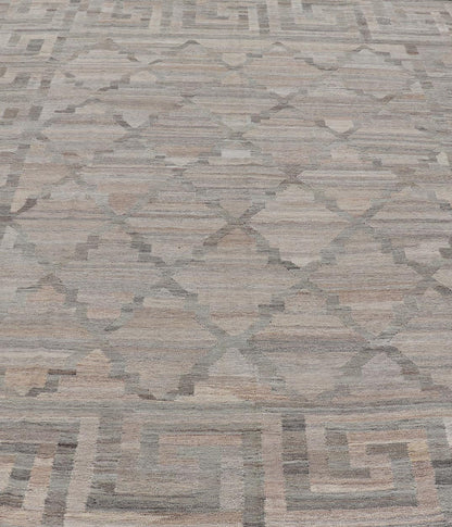Modern Hand - Woven Kilim with Geometric Design and Greek Key Border in Wool This flat - weave tribal kilim has been hand - woven in wool. The rug features a modern geometric diamond design, enclosed within a Greek - key styled border, rendered in gray... - Keivan Woven ArtsAFG - 27637 - 19814Rug