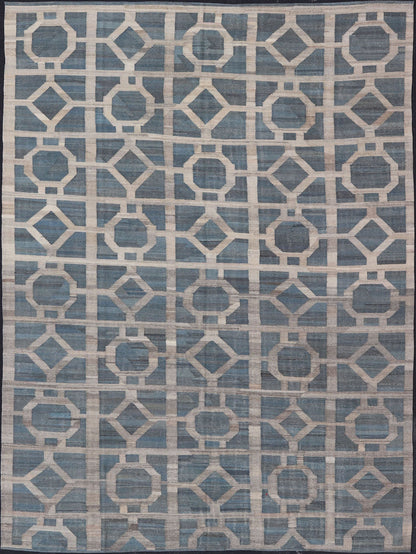 Large Hand Woven Flat Weave Modern Geometric Patterned Kilim in Blues and Creams Flat - weave Kilim rug with all - over design in shades of blues and creams/grays, rug AFG - 27684, Keivan Woven Arts / country of origin / type: Afghanistan / Kilim ... - Keivan Woven ArtsAFG - 27684 - 15859Rug