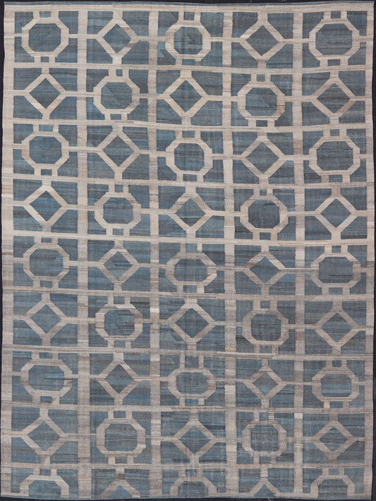 Large Hand Woven Flat Weave Modern Geometric Patterned Kilim in Blues and Creams Flat - weave Kilim rug with all - over design in shades of blues and creams/grays, rug AFG - 27684, Keivan Woven Arts / country of origin / type: Afghanistan / Kilim ... - Keivan Woven ArtsAFG - 27684 - 15859Rug