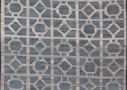 Large Hand Woven Flat Weave Modern Geometric Patterned Kilim in Blues and Creams Flat - weave Kilim rug with all - over design in shades of blues and creams/grays, rug AFG - 27684, Keivan Woven Arts / country of origin / type: Afghanistan / Kilim ... - Keivan Woven ArtsAFG - 27684 - 15859Rug