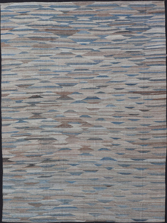Modern Kilim with Geometrics in variation of Blue , Brown, Tan & Neutral Tones. Large Modern and casual flat - woven Afghanistan made Kilim rug in variation of blue , brown, tan and cream colors. Keivan Woven Arts Rug AFG - 27695, country of origin... - Keivan Woven ArtsAFG - 27695 - 15863