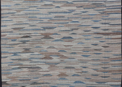 Modern Kilim with Geometrics in variation of Blue , Brown, Tan & Neutral Tones. Large Modern and casual flat - woven Afghanistan made Kilim rug in variation of blue , brown, tan and cream colors. Keivan Woven Arts Rug AFG - 27695, country of origin... - Keivan Woven ArtsAFG - 27695 - 15863Rug