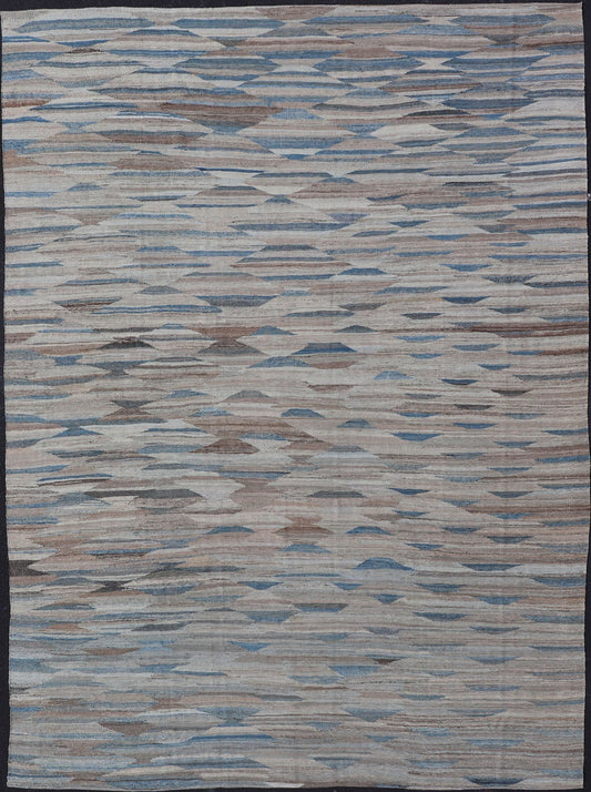 Modern Kilim with Geometrics in variation of Blue , Brown, Tan & Neutral Tones. Large Modern and casual flat - woven Afghanistan made Kilim rug in variation of blue , brown, tan and cream colors. Keivan Woven Arts Rug AFG - 27695, country of origin... - Keivan Woven ArtsAFG - 27695 - 15863Rug