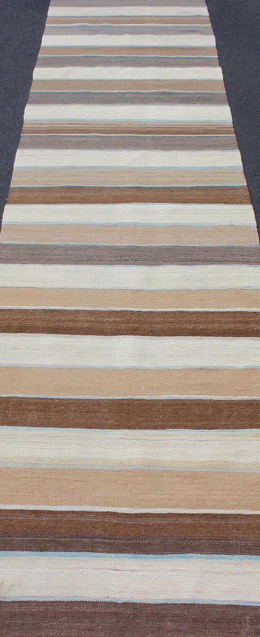 Modern Kilim Rug with Stripes in Shades of Blue, Taupe, Gray and Cream Runner kwarugs Flat - weave Kilim rug with stripes with modern design in shades of blue, taupe gray and cream. Keivan Woven Arts / rug afg - 27738, country of origin / type: Afgh... - Keivan Woven ArtsAFG - 27738 - 11913Rug