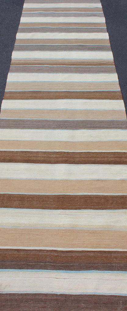 Modern Kilim Rug with Stripes in Shades of Blue, Taupe, Gray and Cream Runner kwarugs Flat - weave Kilim rug with stripes with modern design in shades of blue, taupe gray and cream. Keivan Woven Arts / rug afg - 27738, country of origin / type: Afgh... - Keivan Woven ArtsAFG - 27738 - 11913Rug