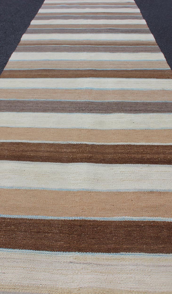 Modern Kilim Rug with Stripes in Shades of Blue, Taupe, Gray and Cream Runner kwarugs Flat - weave Kilim rug with stripes with modern design in shades of blue, taupe gray and cream. Keivan Woven Arts / rug afg - 27738, country of origin / type: Afgh... - Keivan Woven ArtsAFG - 27738 - 11913Rug