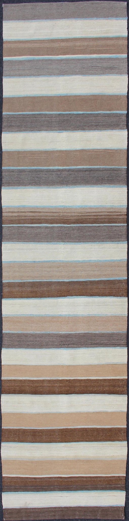 Modern Kilim Rug with Stripes in Shades of Blue, Taupe, Gray and Cream Runner kwarugs Flat - weave Kilim rug with stripes with modern design in shades of blue, taupe gray and cream. Keivan Woven Arts / rug afg - 27738, country of origin / type: Afgh... - Keivan Woven ArtsAFG - 27738 - 11913Rug